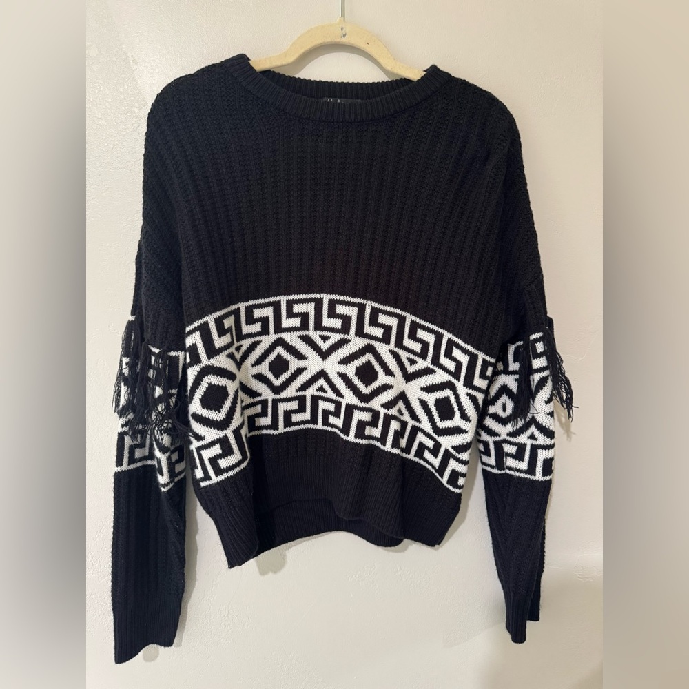Black and White Fringe Aztec  Women's Sweater